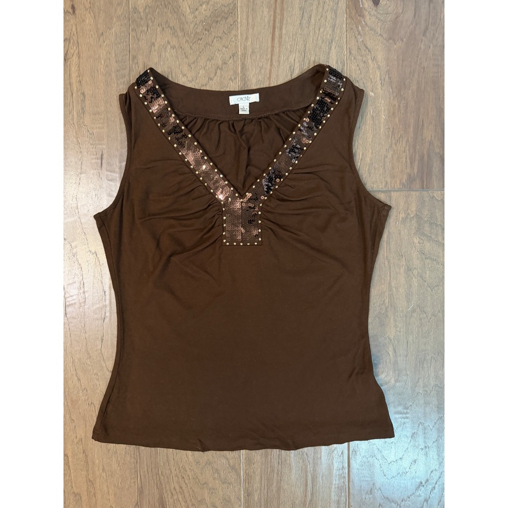 Vintage Cache Womens Brown Sequin V-Neck Sleeveless Ruched Tank Top Size L 20269